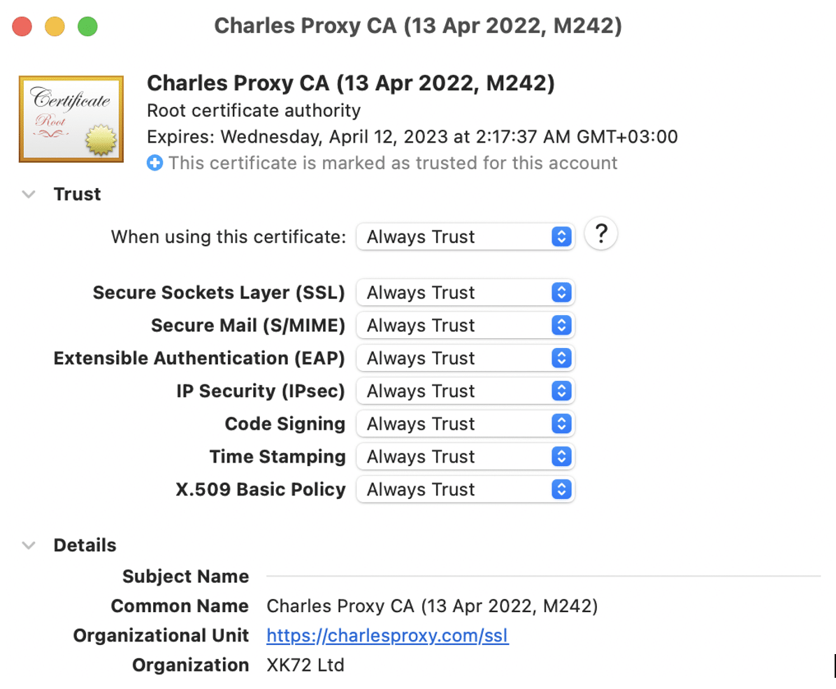 Charles Certificate settings for MacOS
